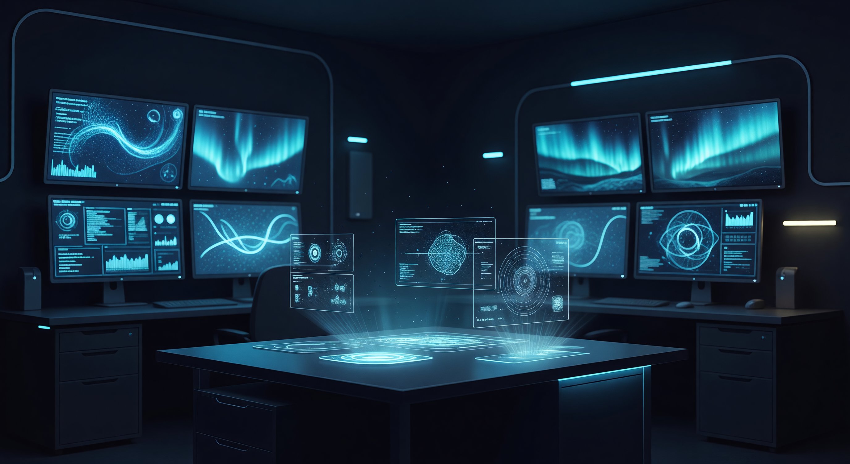 Holographic laboratory environment with glowing data streams