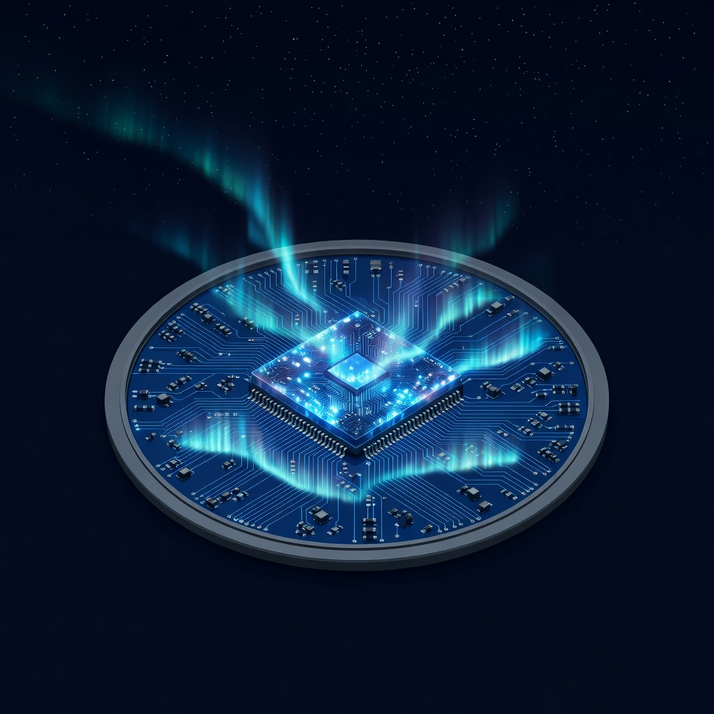 Neon-lit holographic circuit panel illustration